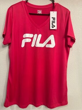 Fila Women's V-Neck Logo Tee in Bright Pink and White